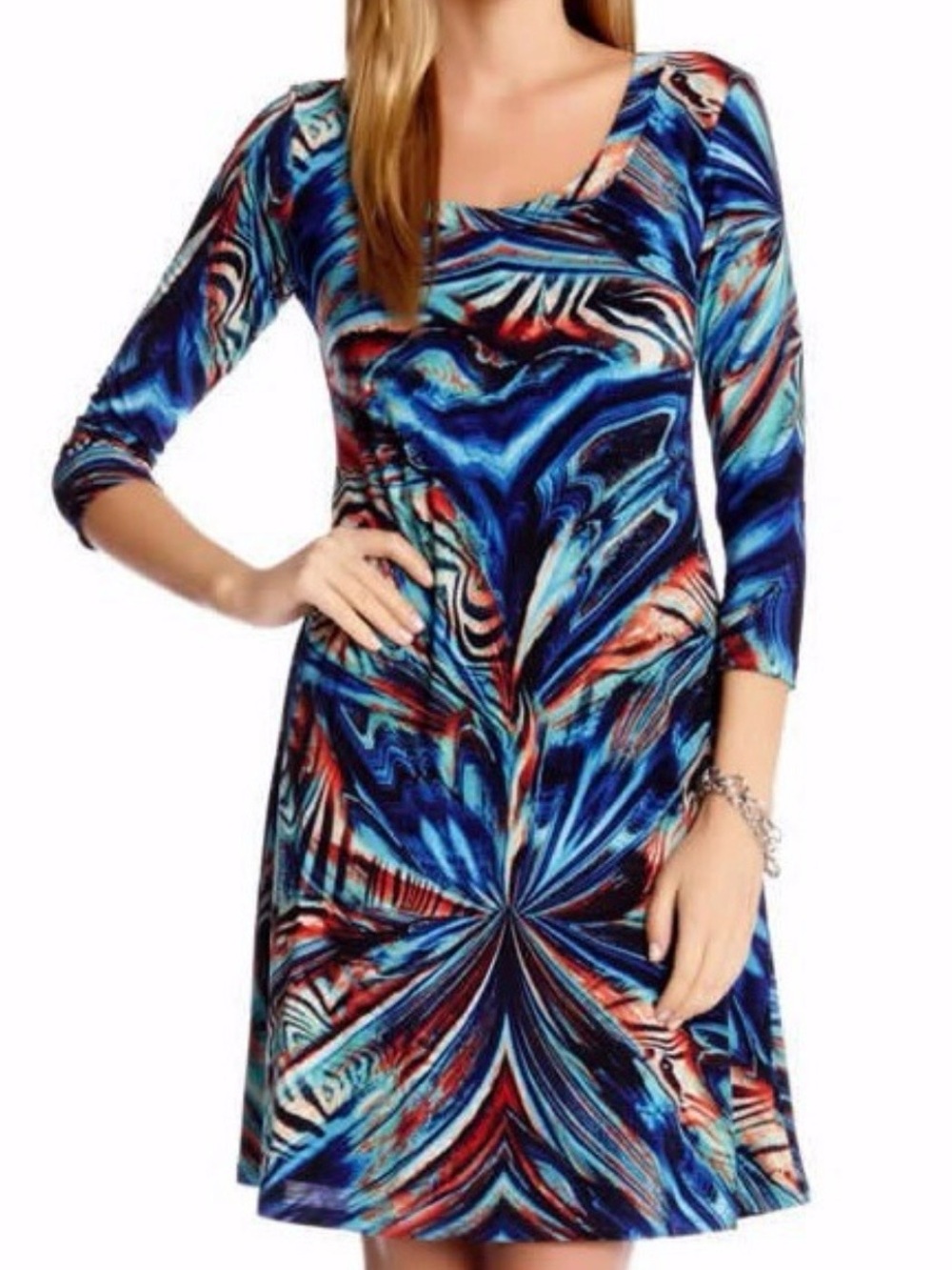 Karen Kane Blue Red Multicolor Swirl Long Sleeve Dress. Size L